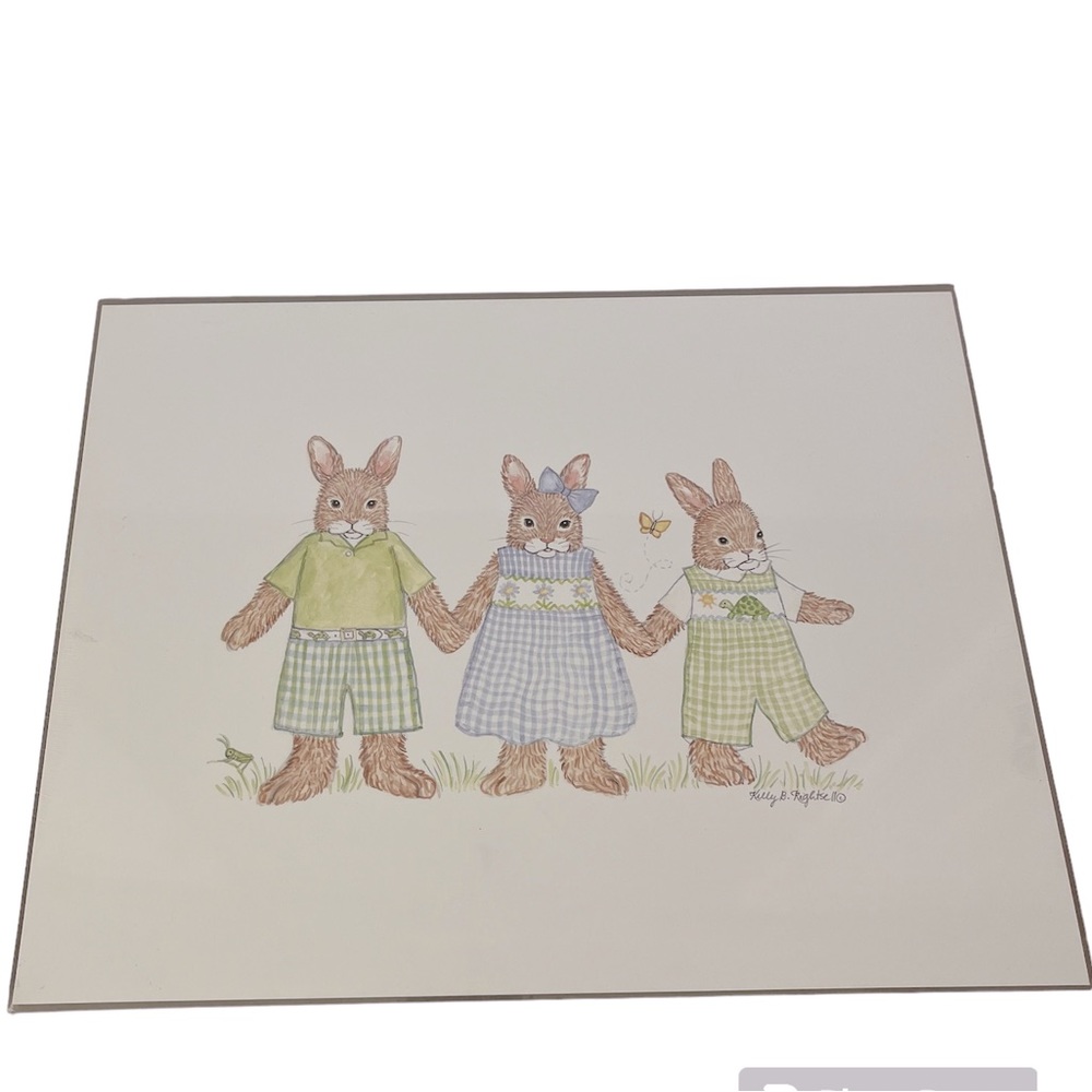 Kelly B. Rightsell Three Brown Bunnies In Smocked Outfits NWT